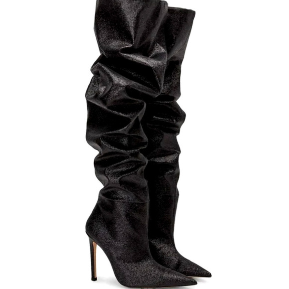 Good American NEW‎ Slouch Over the Knee Black Glitter Stiletto Heel Boots 7 - Picture 2 of 13